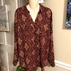 NWT Maurices Burgundy and Tan Patterned Long Sleeve Blouse XL Roll Up Sleeves